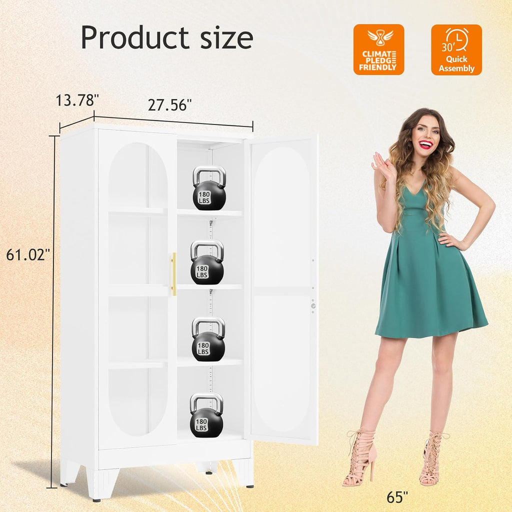GAIOUS 61' Tall Metal Curio Cabinet, Display Cabinet with Glass Door, 4 Tier Liquor Cabinet with 3 Adjustable Shelves, Locking Glass Display Case for Collectibles, Showcase Storage Cabinets, White