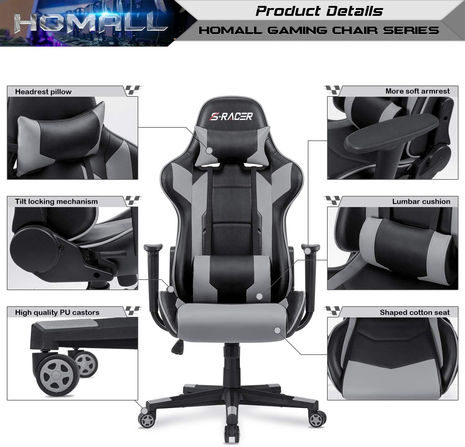 Homall Gaming Chair, Office Chair High Back Computer Chair Leather Desk Chair Racing Executive Ergonomic Adjustable Swivel Task Chair with Headrest and Lumbar Support (Grey)
