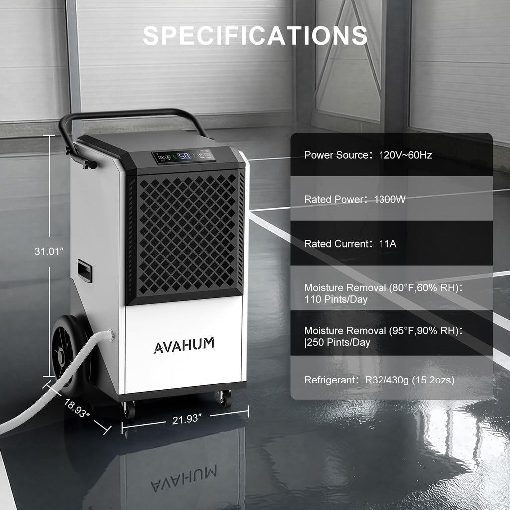 Commercial Dehumidifier,White Industrial Dehumidifier 250 Pint for 8,000 Sq.Ft Basement Warehouse Construction, Large Heavy Duty Commercial Grade Dehumidifiers with Drain Hose, Auto Defrost,Restart