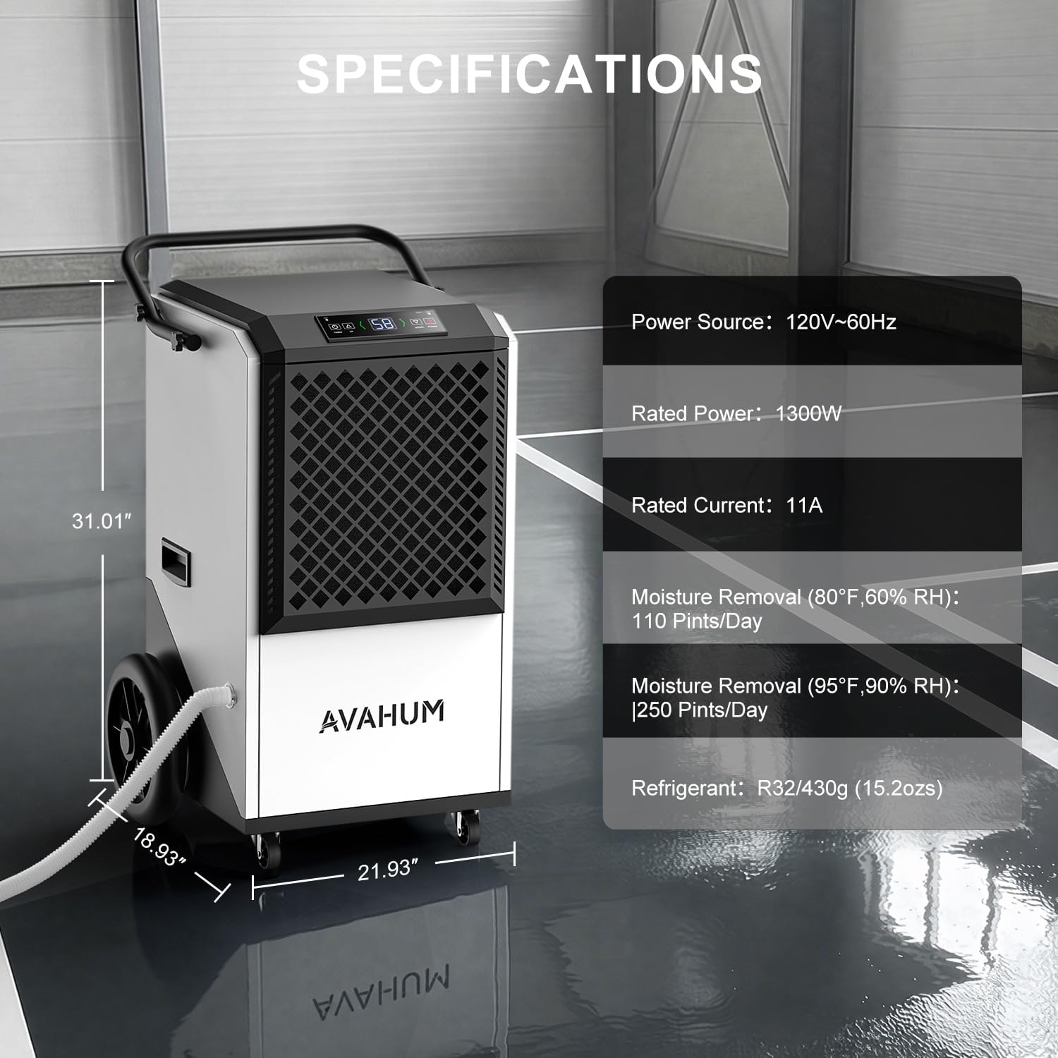 Commercial Dehumidifier,White Industrial Dehumidifier 250 Pint for 8,000 Sq.Ft Basement Warehouse Construction, Large Heavy Duty Commercial Grade Dehumidifiers with Drain Hose, Auto Defrost,Restart