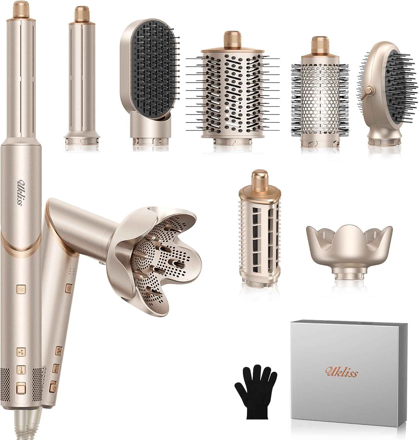 UKLISS 8-in-1 High-Speed Air Styler & Drying System - 110,000 RPM Foldable Hair Multi-Styler with Auto-Wrap Curler, Diffuser & Flyaway Smoothing Brush - Ionic Hair Styling Tool Kit for All Hair Types