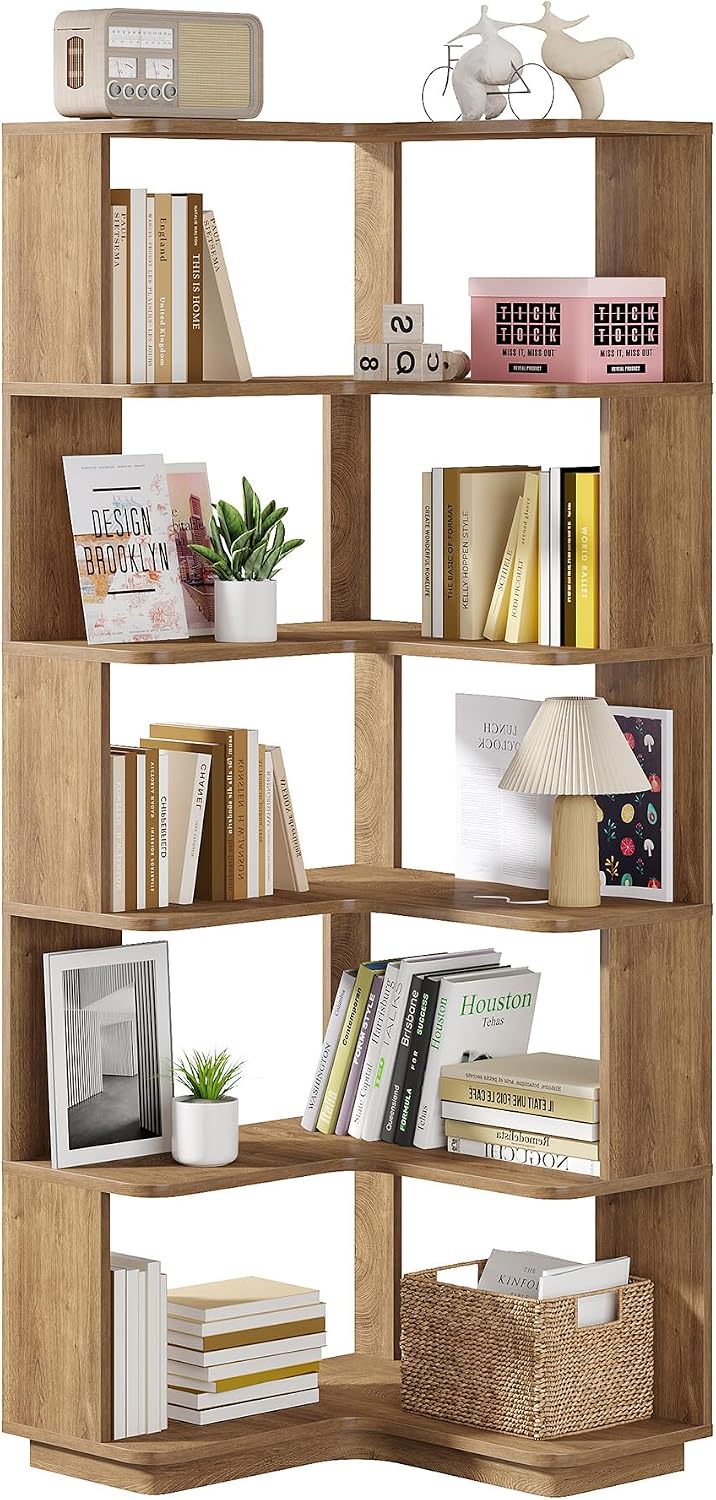 Tribesigns 6 Tier Corner Bookshelf, 64.9 Inches Tall L Shaped Bookcase with Anti-Drop Panel, Freestanding Wood Grain Shelf Display Rack Storage Organizer for Home Office (Light Brown)