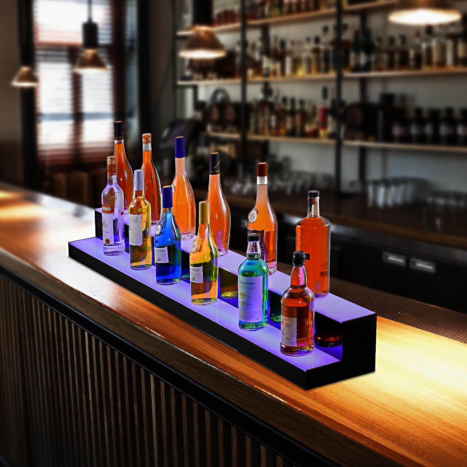 VEVOR LED Lighted Liquor Bottle Display, 2 Tiers 60 Inch Commercial Illuminated Home Bar Shelf, 2 Steps Whiskey Rack Stand, Acrylic Drink Shelves with RF Remote & App Control, and Multicolor Light