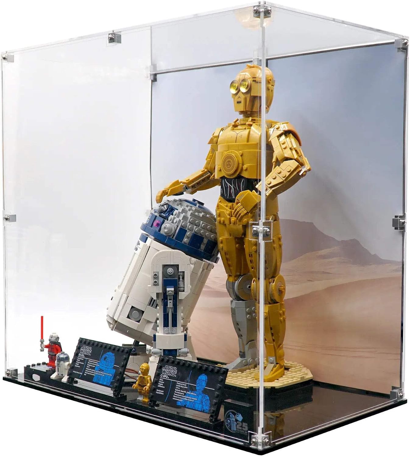 Display Case Compatible with Lego 75398 and 75379 - C-3PO and R2-D2 - Acrylic Dustproof Showcase with Pre-Printed Background - Set Not Included