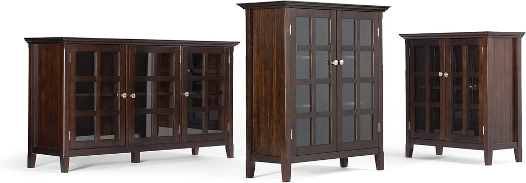 SIMPLIHOME Acadian Storage Cabinet - 35 inch Wide Solid Wood Low Storage Cabinet in Brunette Brown, Transitional Cabinet for Living Room or Entryway with Glass Doors and Adjustable Shelves