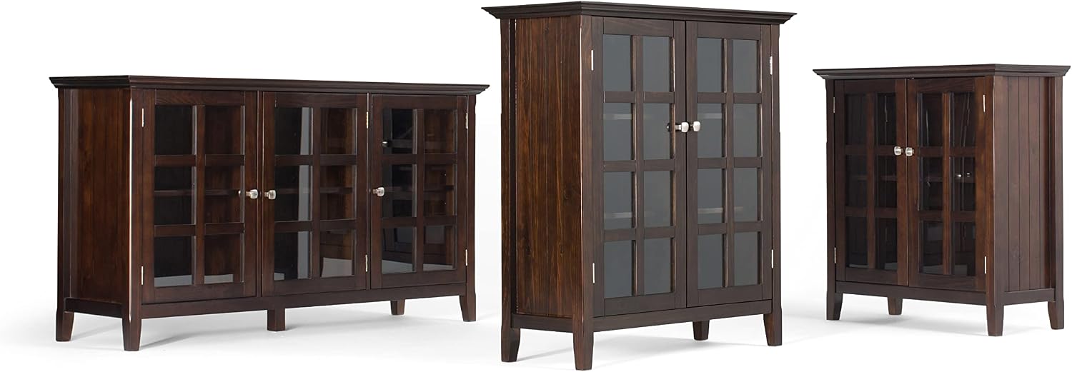 SIMPLIHOME Acadian Storage Cabinet - 35 inch Wide Solid Wood Low Storage Cabinet in Brunette Brown, Transitional Cabinet for Living Room or Entryway with Glass Doors and Adjustable Shelves