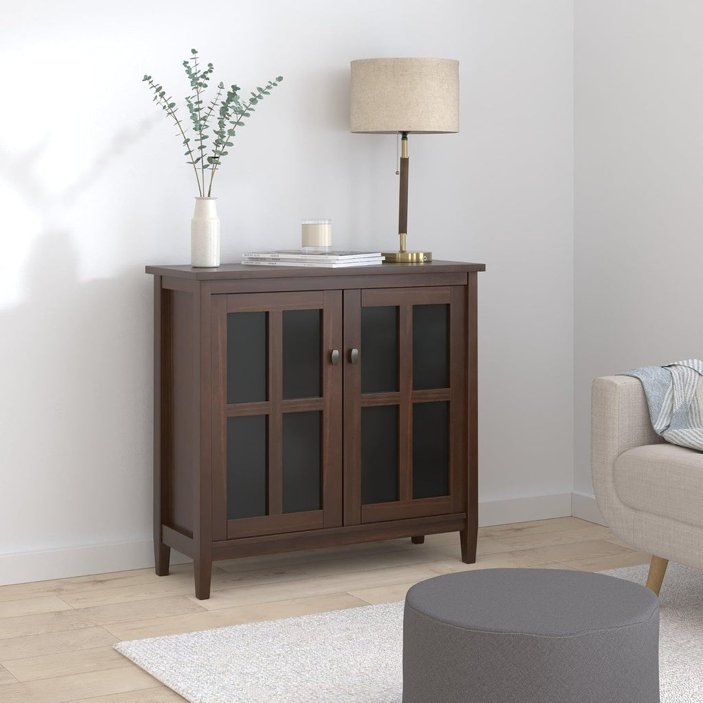 SIMPLIHOME Warm Shaker Storage Cabinet - 32 inch Wide Solid Wood 2-Shelf Low Storage Cabinet in Tobacco Brown, Transitional Accent Cabinet for Entryway with Tempered Glass Doors and Shelves