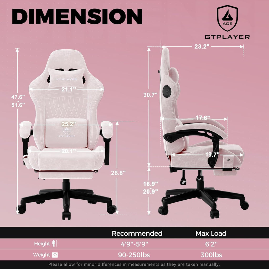 GTPLAYER ACE-PRO Music Gaming Chairs – Built-in Speakers, App Support & Bluetooth Control, Computer Game Chairs with Footrest for Adults, Ergonomic Reclining Silla, Linkage Armrest, Pink 【Velvet】
