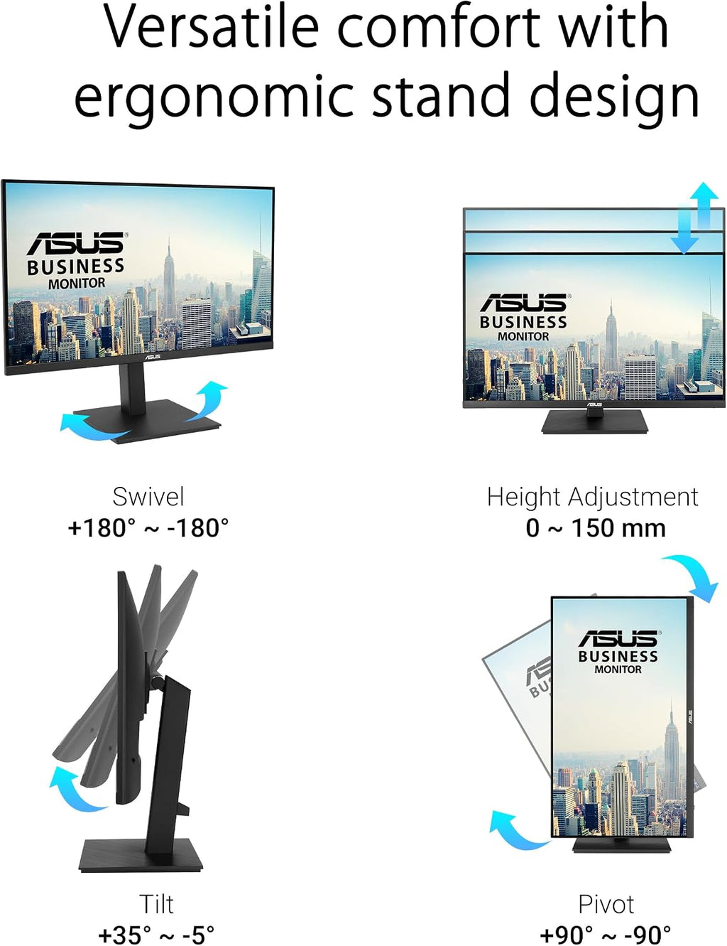 ASUS 27' 4K Business Monitor (VA27UQSB) - UHD (3840 x 2160), IPS, Frameless, HDR10, DisplayPort, Dual HDMI, Speakers, Eye Care, Ergonomic, pivot, swivel, height adjustable, DisplayWidget, 3yr warranty
