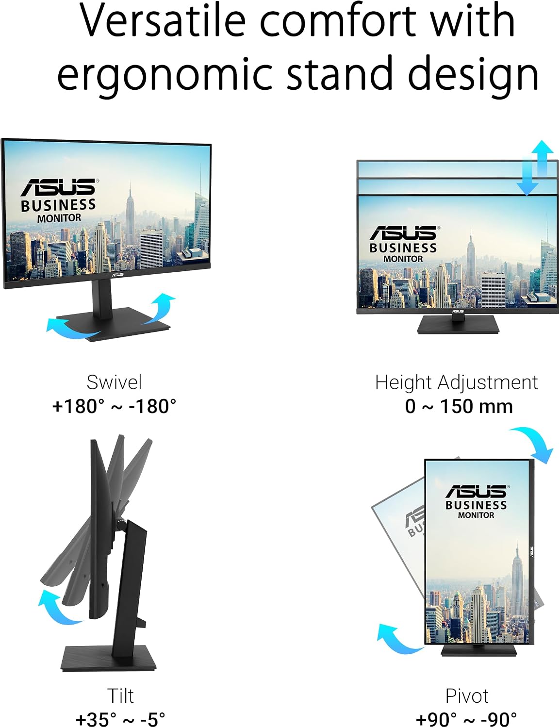 ASUS 27' 4K Business Monitor (VA27UQSB) - UHD (3840 x 2160), IPS, Frameless, HDR10, DisplayPort, Dual HDMI, Speakers, Eye Care, Ergonomic, pivot, swivel, height adjustable, DisplayWidget, 3yr warranty