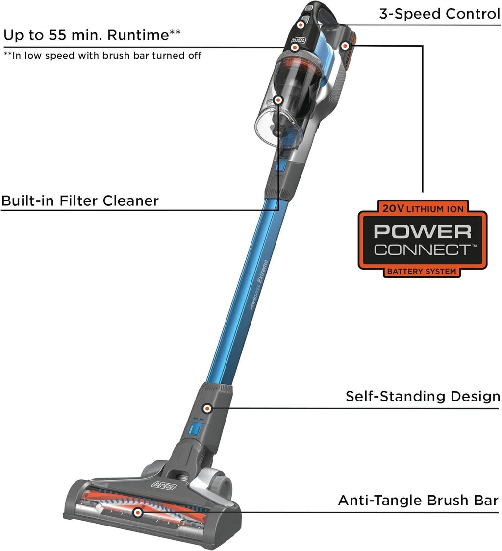 BLACK+DECKER Cordless Vacuum, Powerseries Extreme, Stick Vacuum Cordless Rechargeable, Interchangeable Floorhead with Crevice Attachment, 3 Speed Control, Lightweight, Blue (BSV2020G)