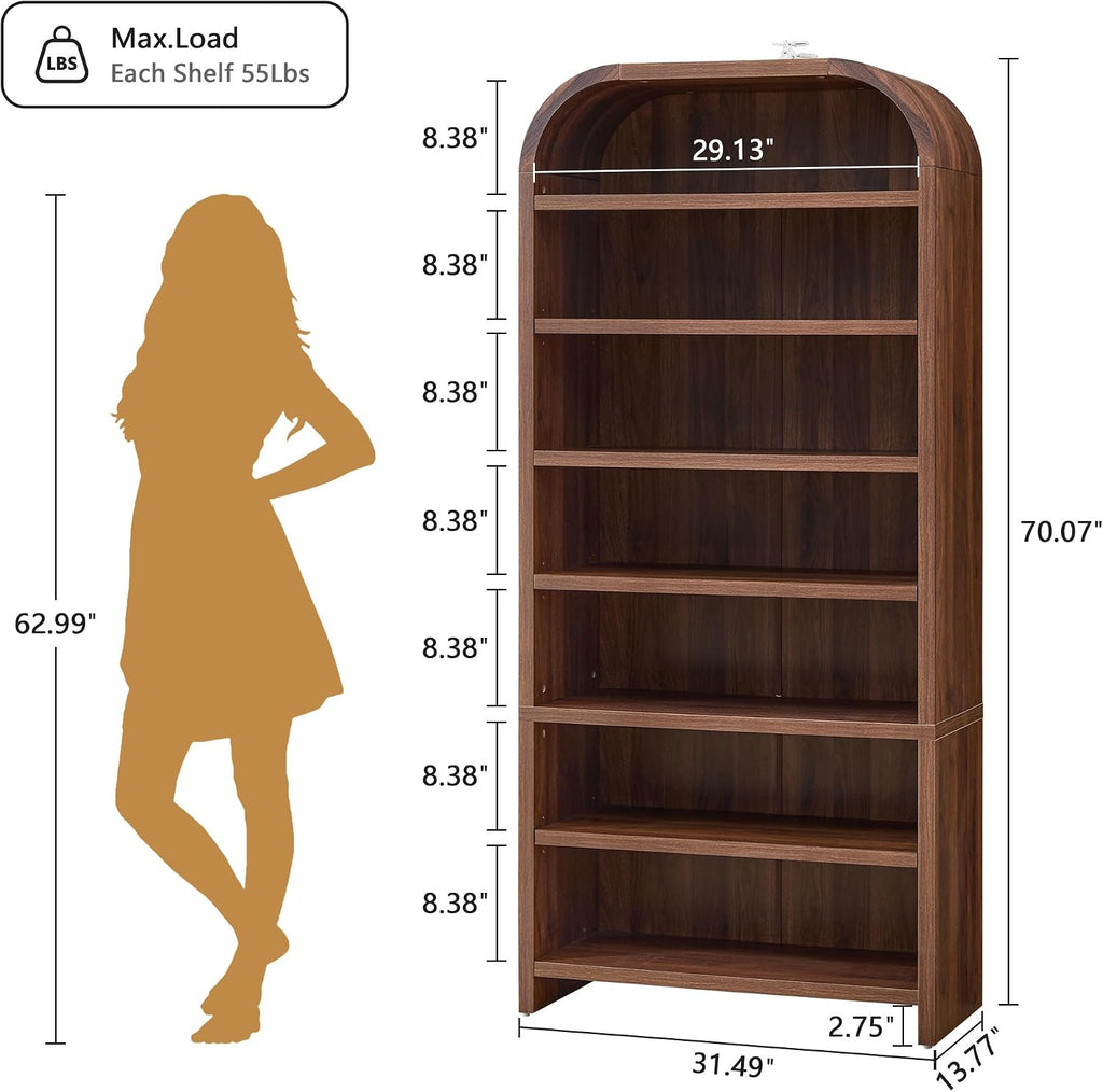 LEVNARY 70' Tall Arched Bookcase, 7-Tier Freestanding Storage Cabinet with Adjustable Shelves, Thick MDF Bookshelf for Bathroom Living Room Bedroom (Walnut)