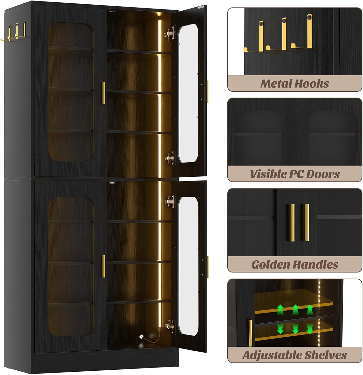 Cyclysio 67' Display Cabinet with PC Doors & LED Lighting - 8-Tier Storage Cabinet with 330lb Capacity & Adjustable Shelves for Entryway, Bedroom (Black, Set of 1)