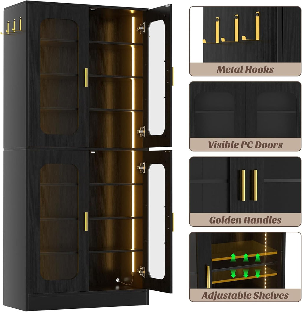 Cyclysio 67' Display Cabinet with PC Doors & LED Lighting - 8-Tier Storage Cabinet with 330lb Capacity & Adjustable Shelves for Entryway, Bedroom (Black, Set of 2)