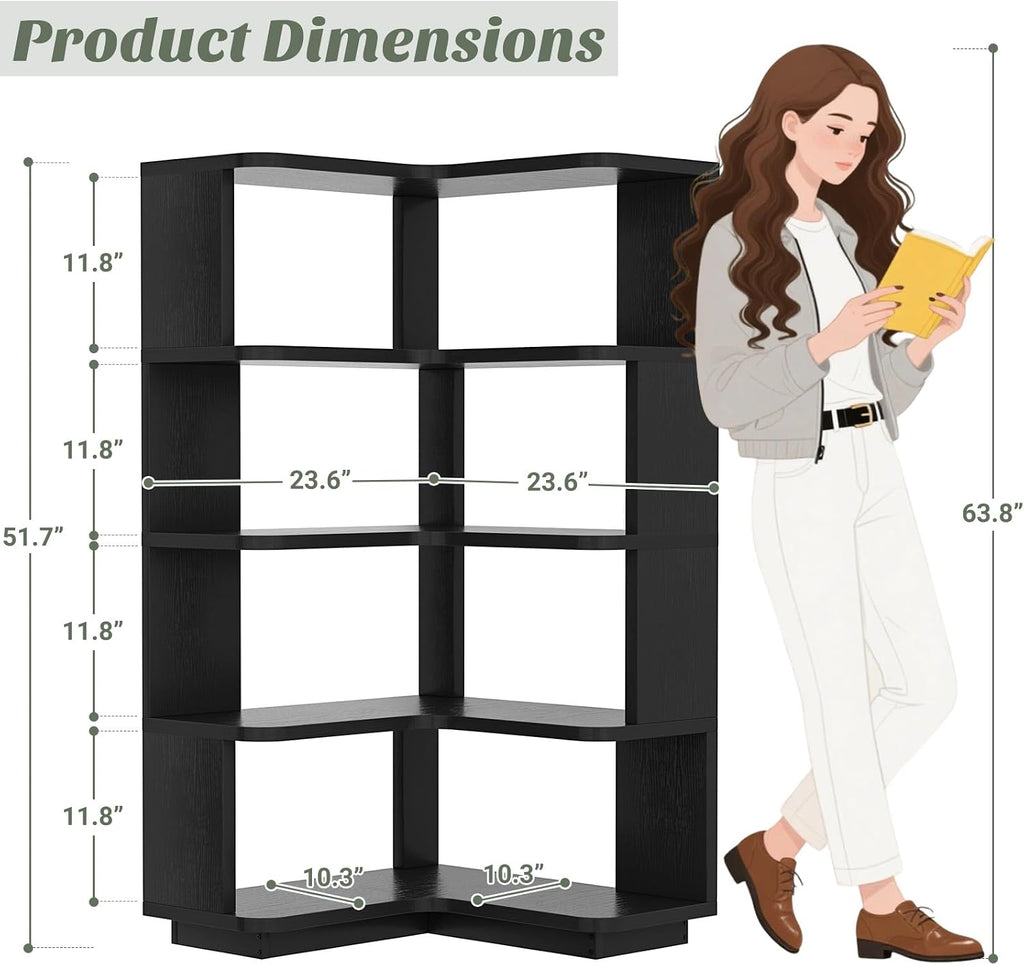 Armocity Corner Book Shelf - 5 Tier Corner Bookshelf Etagere Bookcase with Baffle, Freestanding L Shaped Display Shelf Stand for Home Office, Living Room, Bedroom, Kitchen, Black