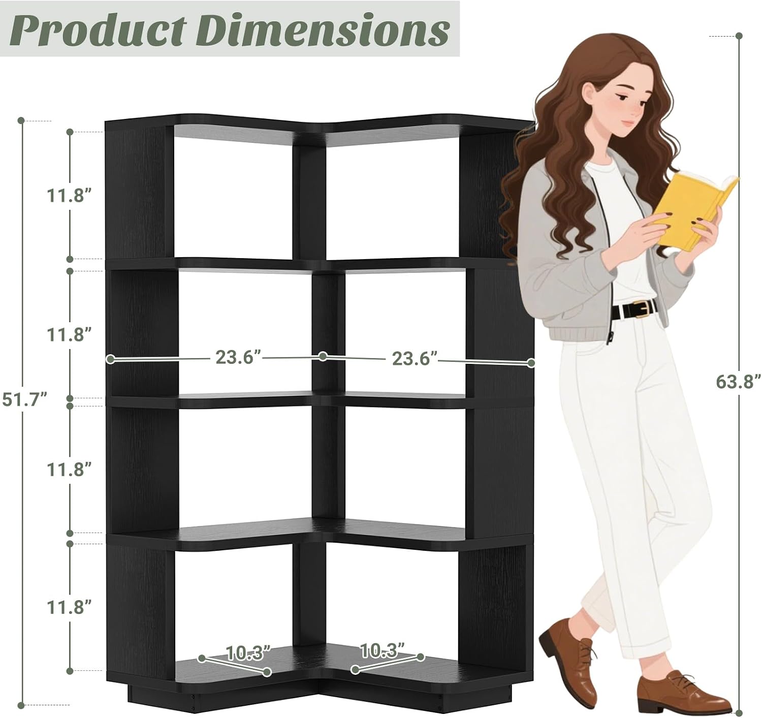 Armocity Corner Book Shelf - 5 Tier Corner Bookshelf Etagere Bookcase with Baffle, Freestanding L Shaped Display Shelf Stand for Home Office, Living Room, Bedroom, Kitchen, Black