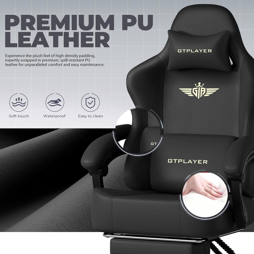 GTPLAYER Gaming Chair with Pocket Spring Cushion, Big and Tall Gamings Chairs 350LBS High Back Computer Chair with Footrest for Adults Lumbar Support Swivel Game Chair for Office, Leather Black