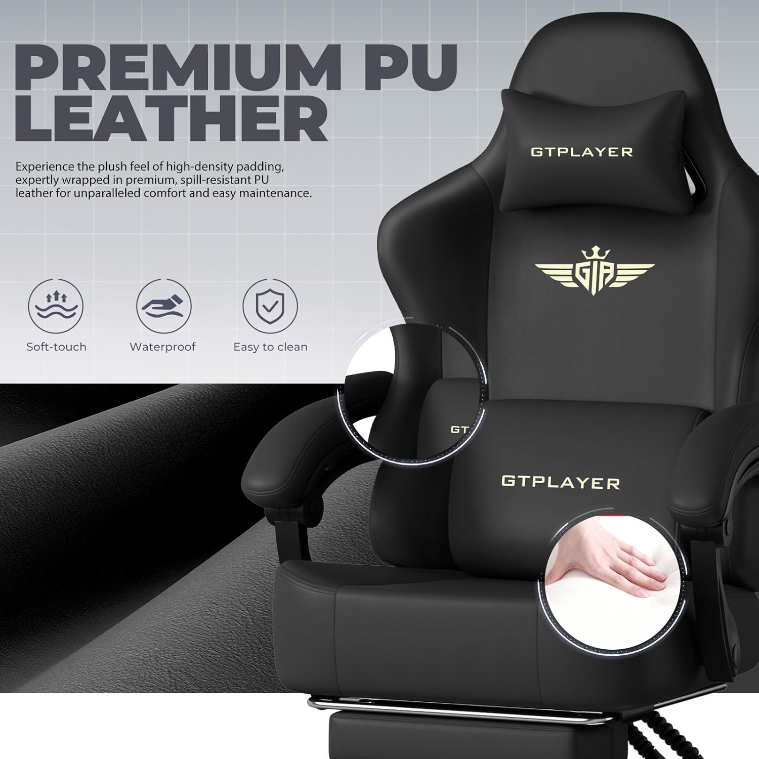 GTPLAYER Gaming Chair with Pocket Spring Cushion, Big and Tall Gamings Chairs 350LBS High Back Computer Chair with Footrest for Adults Lumbar Support Swivel Game Chair for Office, Leather Black