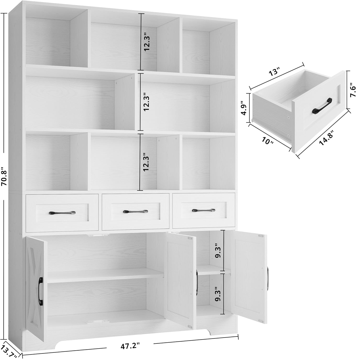 IRONCK Bookshelf with Drawers & Doors, Tall Bookshelf with Storage, Bookcase with Cabinets for Home Office, Living Room, White