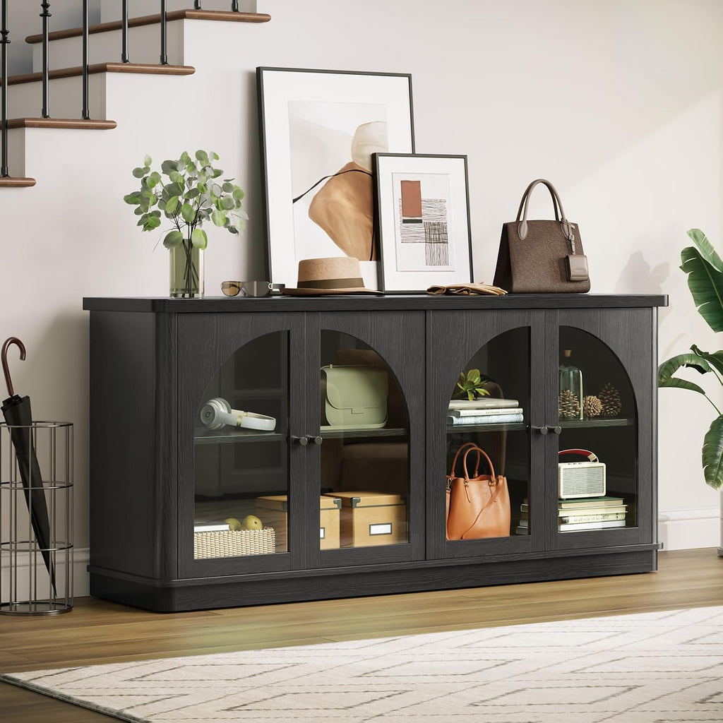 ONBRILL 63 Inch Sideboard Buffet Cabinet, Modern Arched Buffet with Glass Doors, Large Curved Cabinets with Storage, Console Credenza w/Adjustable Shelves for Living Room, Kitchen, Entryway, Black