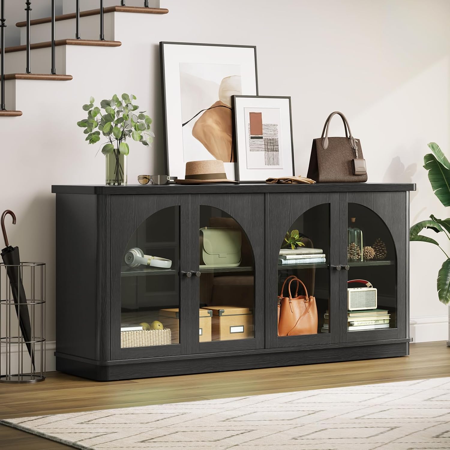 ONBRILL 63 Inch Sideboard Buffet Cabinet, Modern Arched Buffet with Glass Doors, Large Curved Cabinets with Storage, Console Credenza w/Adjustable Shelves for Living Room, Kitchen, Entryway, Black