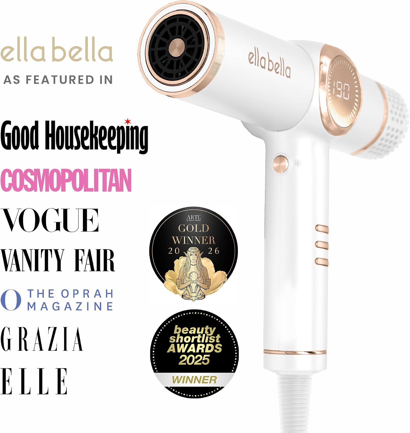 ELLA BELLA® Professional Ionic Hair Dryer with Diffuser • Negative Ion Blow Dryer • Suitable All Hair Types • Intelligent Heat Control & Rapid Drying Speeds • Lightweight Design • Low Noise Technology