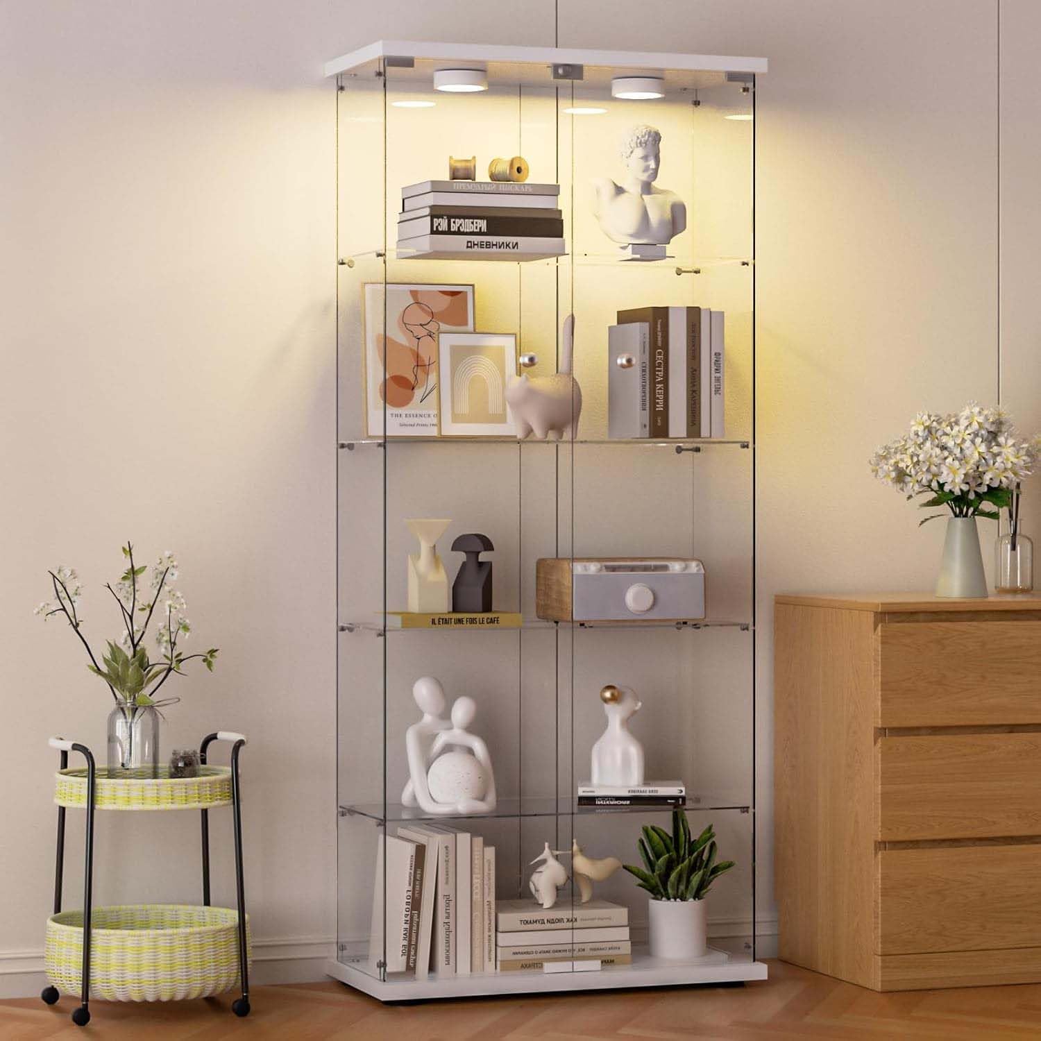 Glass Display Cabinet with LED Lights, 5-Shelf Locking Bookcase with Remote Control, Tempered Glass Curio Cabinet for Living Room, Bedroom, Office, White (5-Shelf)
