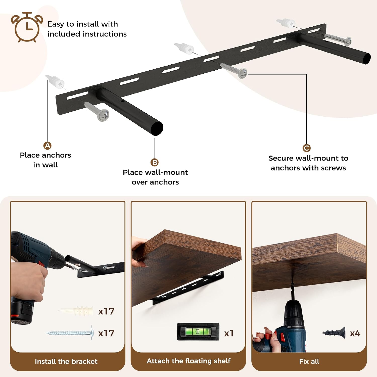 Axeman 72Inch Floating Shelves for Wall, Rustic Wood Shelves for Bedroom, Bathroom, Kitchen, Hanging Wall Mounted Shelf with Invisible Brackets for Books Decor, Set of 1, White