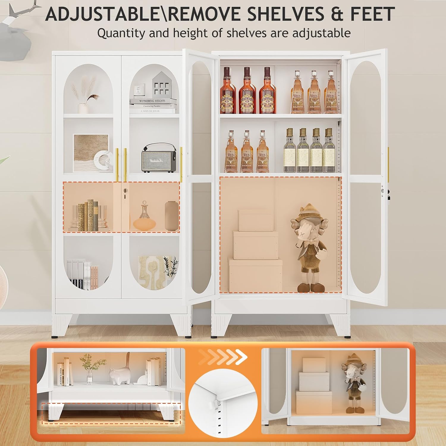 GAIOUS 61' Tall Metal Curio Cabinet, Display Cabinet with Glass Door, 4 Tier Liquor Cabinet with 3 Adjustable Shelves, Locking Glass Display Case for Collectibles, Showcase Storage Cabinets, White