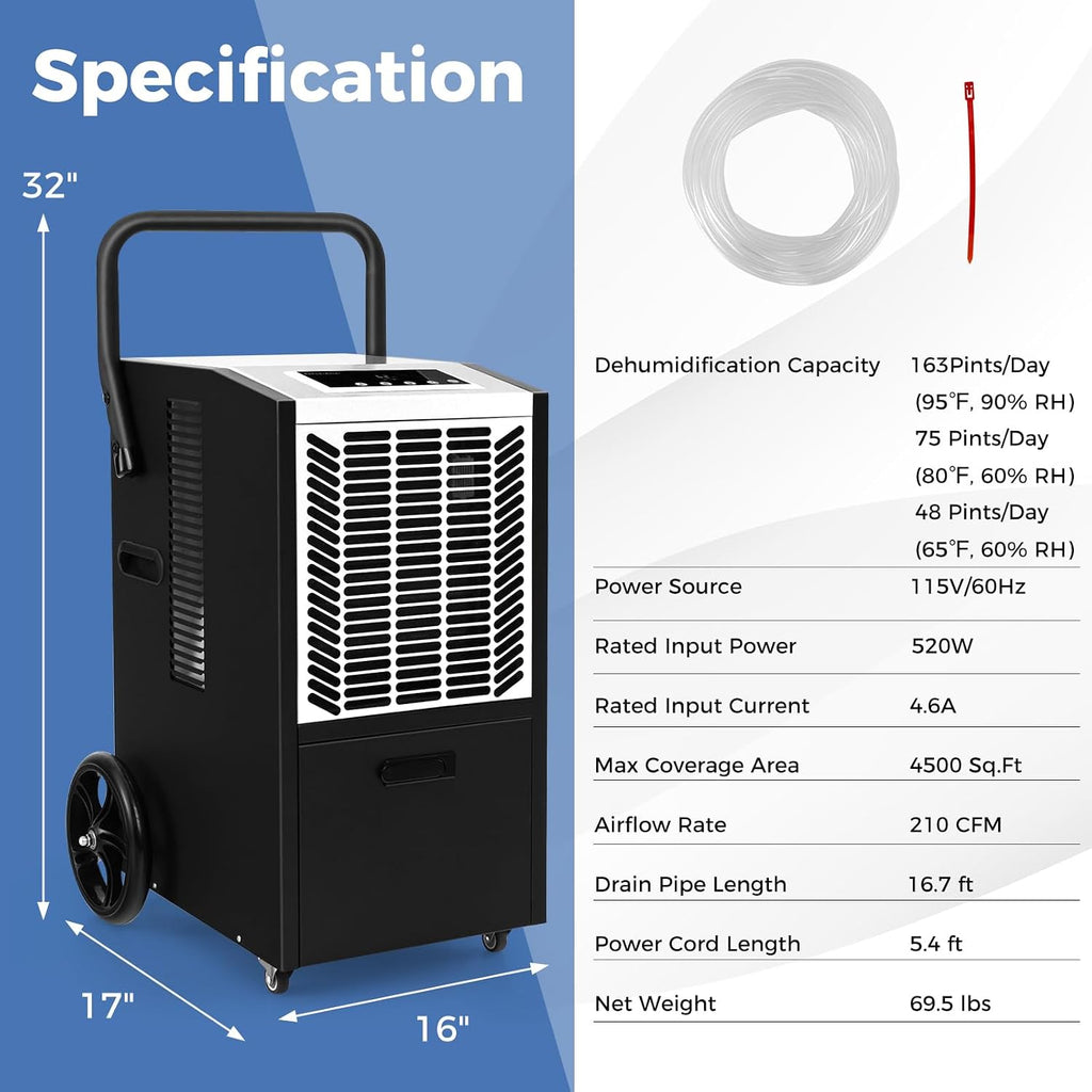 ARLIME 163 Pints Commercial Dehumidifier w/Pump & Drain Hose, Industrial Heavy Duty Portable Dehumidifier for Large Spaces, Basement, Warehouse, Water Damage Restoration, Up to 4500 Sq.Ft (White)