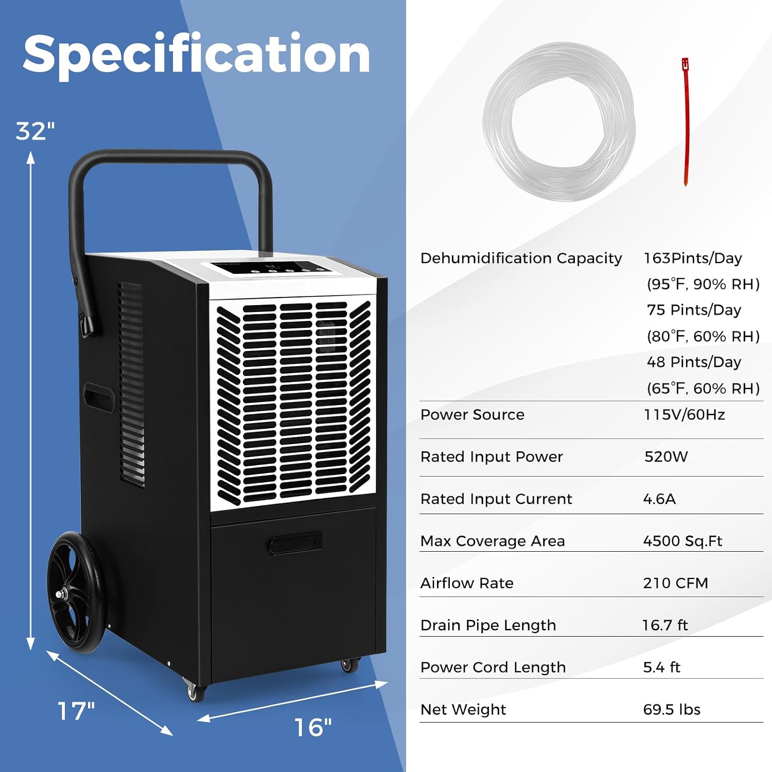 ARLIME 163 Pints Commercial Dehumidifier w/Pump & Drain Hose, Industrial Heavy Duty Portable Dehumidifier for Large Spaces, Basement, Warehouse, Water Damage Restoration, Up to 4500 Sq.Ft (White)