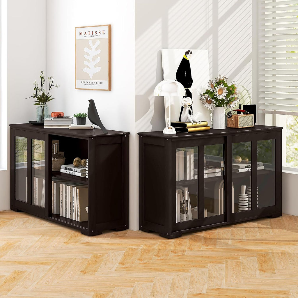 Costzon 2-Pack Wooden Kitchen Storage Cabinet with Adjustable Shelf, Sliding Glass Doors, Accent Coffee Bar Cabinet Console Table for Living Room, Dining Room, Hallway
