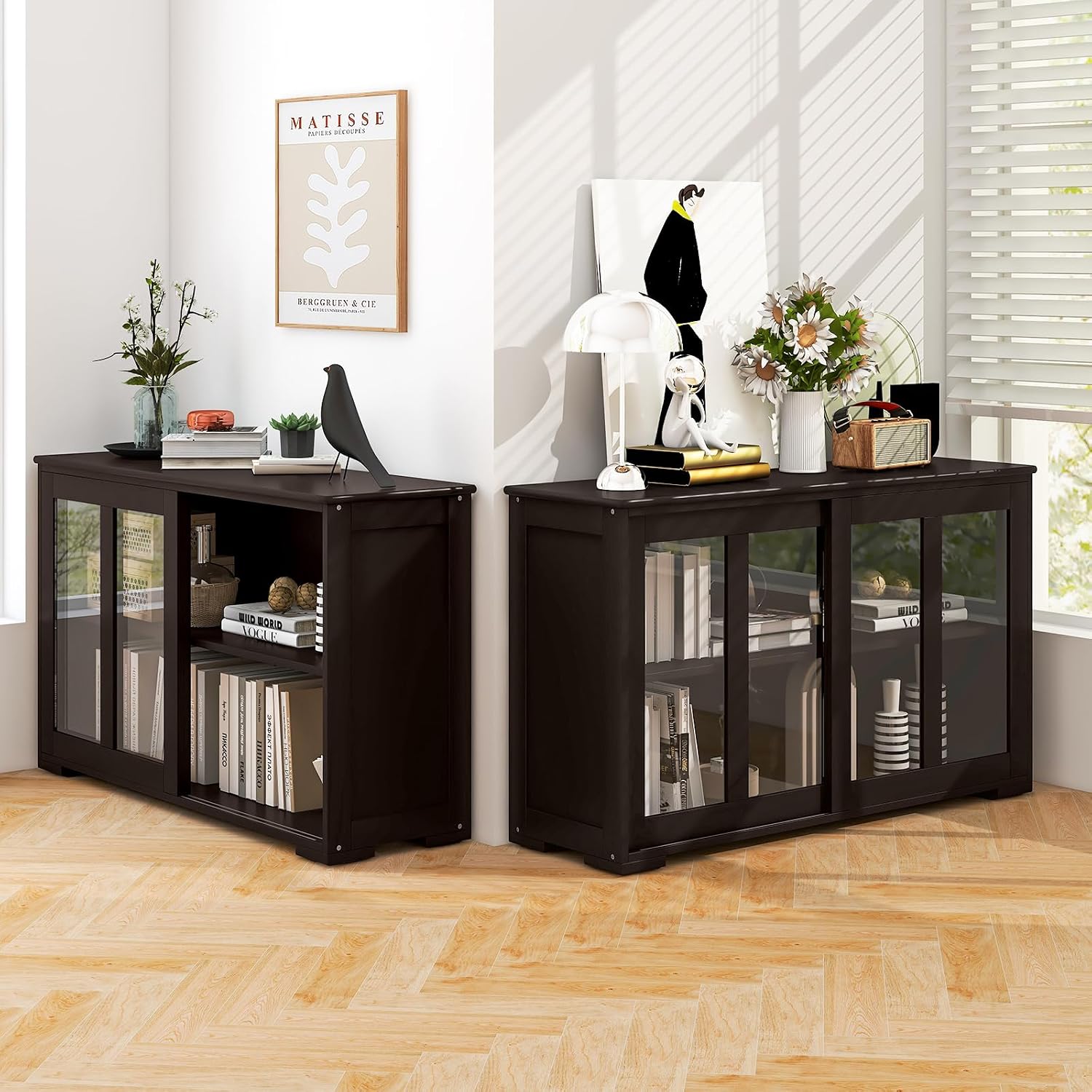 Costzon 2-Pack Wooden Kitchen Storage Cabinet with Adjustable Shelf, Sliding Glass Doors, Accent Coffee Bar Cabinet Console Table for Living Room, Dining Room, Hallway