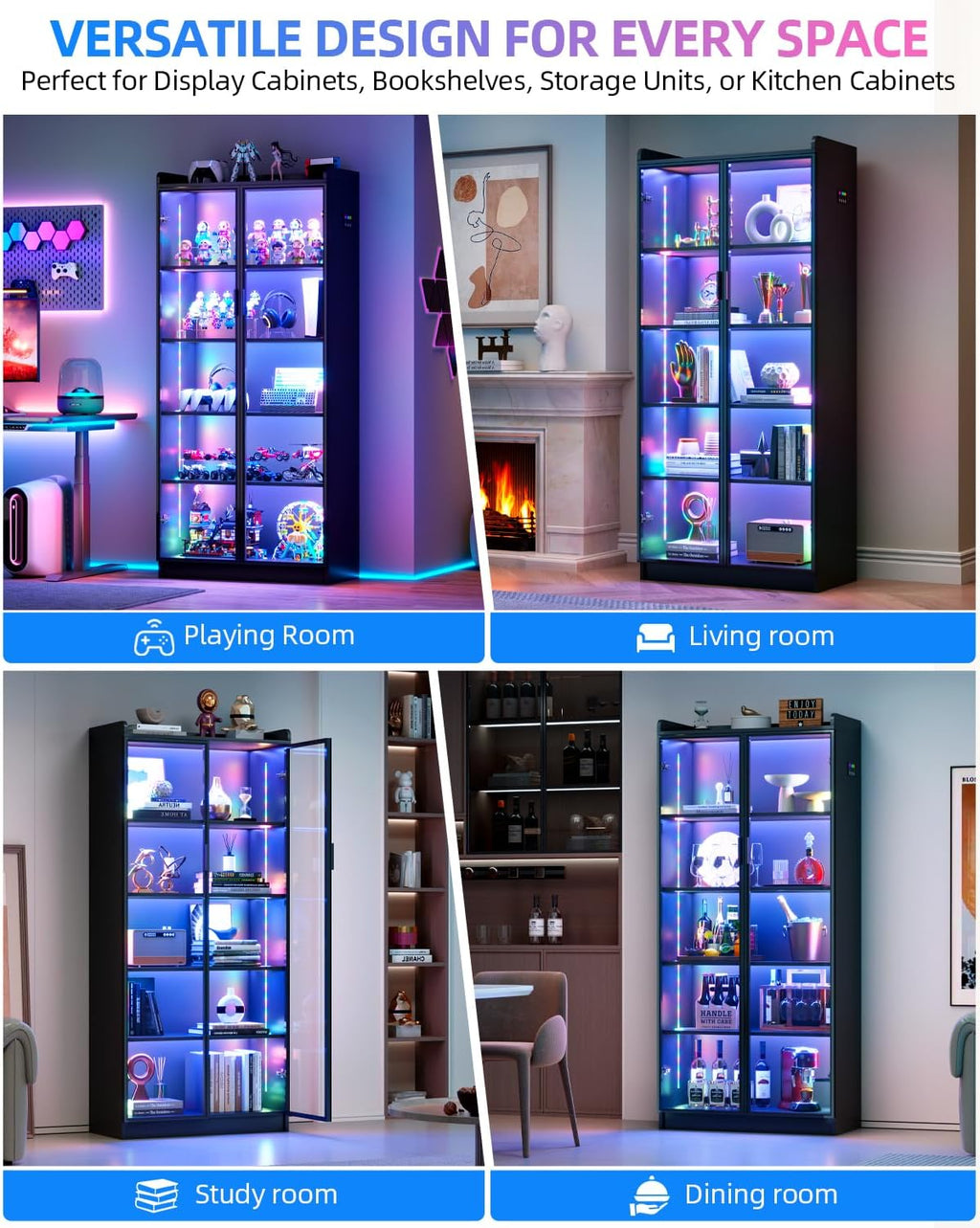 FREDEES Display Cabinet with Glass Doors, 5-Tier Curio Cabinet with Motion Sensor RGB Lights, 65' Tall Glass Display Case with Adjustable Shelves for Collectibles, Figures, Books, Black