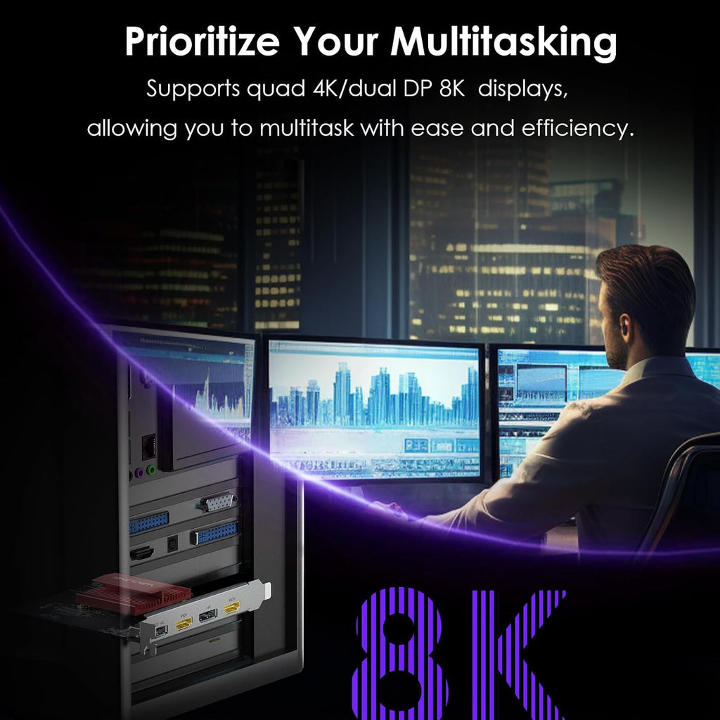 WAVLINK 8K/4K PCIE 4 Monitors Card - 2DP+2HDMI, PCIE to HDMI & DP Adapter Supports Extend 4 Monitors Output for Windows 11/10 & Ubuntu with DisplayLink DL7400(Non-Gaming GPU)