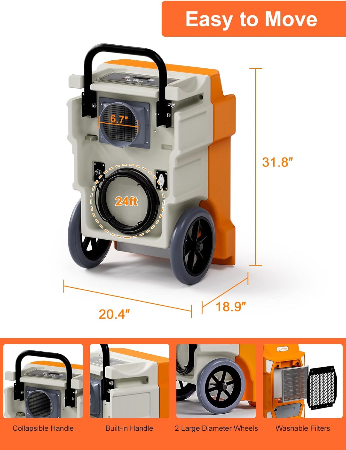 190 PDD Commercial Dehumidifier with Pump Drain Hose, LGR Capacity Industrial Dehumidifier up to 7500 Sq. Ft for Water Damage Restoration, Flood Repair, Crawlspace Basement