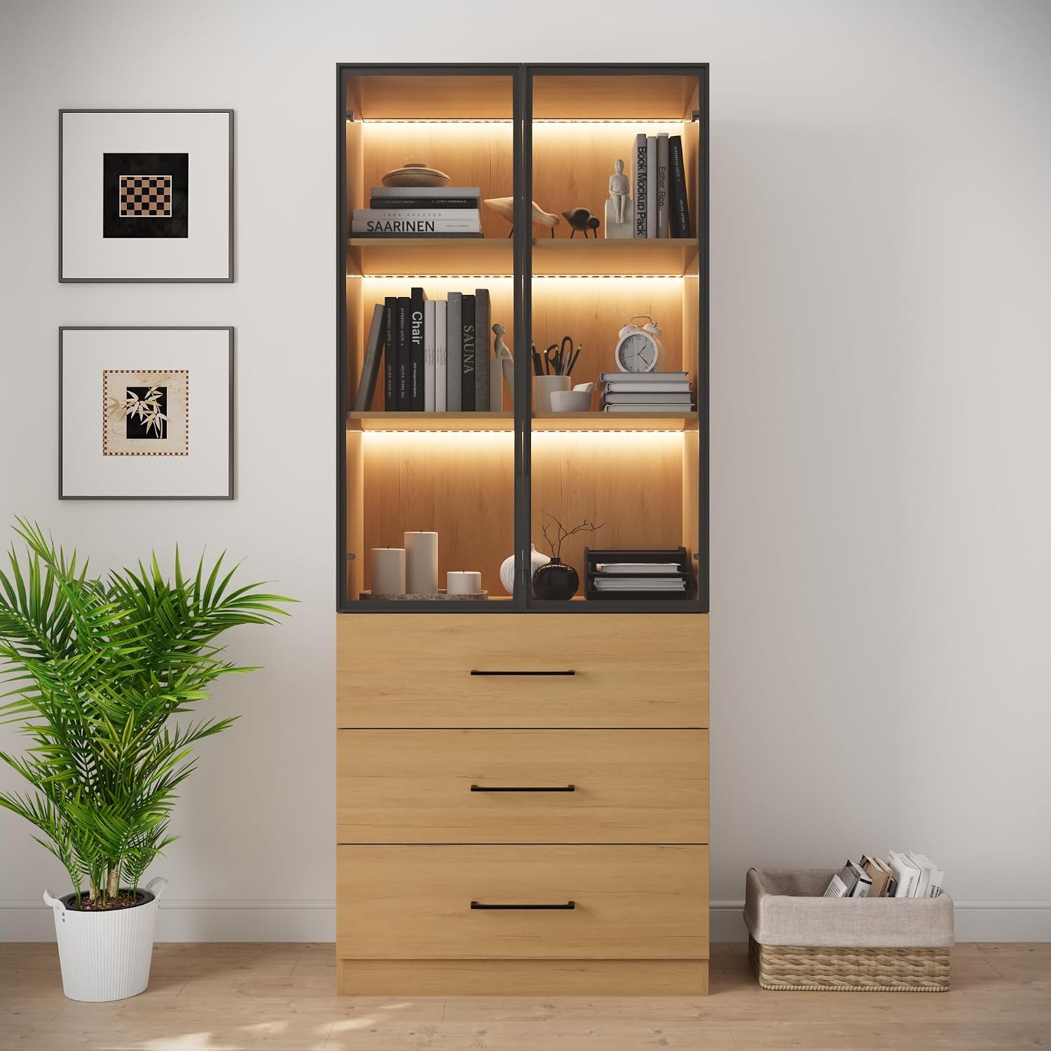 Bobve 78.7' Oak Display Cabinet with 3 Drawers, 3-Tier Storage Cabinet with APP Control LED Lights, Tall Bookcasse Storage Cabinet, LED Display Case for Collectible, Living Room, Office, Kitchen