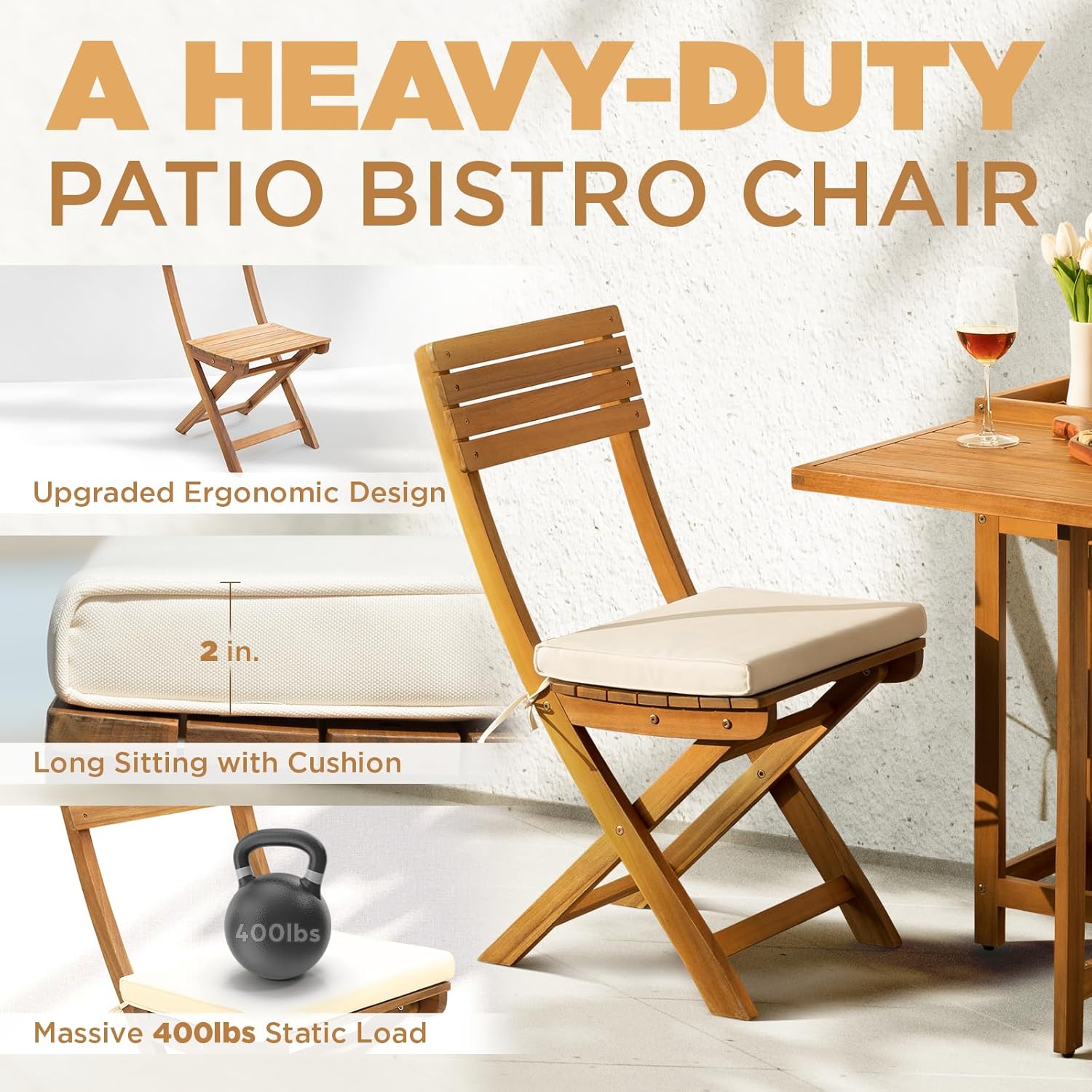 IDZO Natural 3-Piece Bistro Set: Foldable 400lbs Chairs, 220lbs Shelf Table, FSC Acacia Wood, Washable Cushions, Ergonomic Patio Bistro Sets Design
