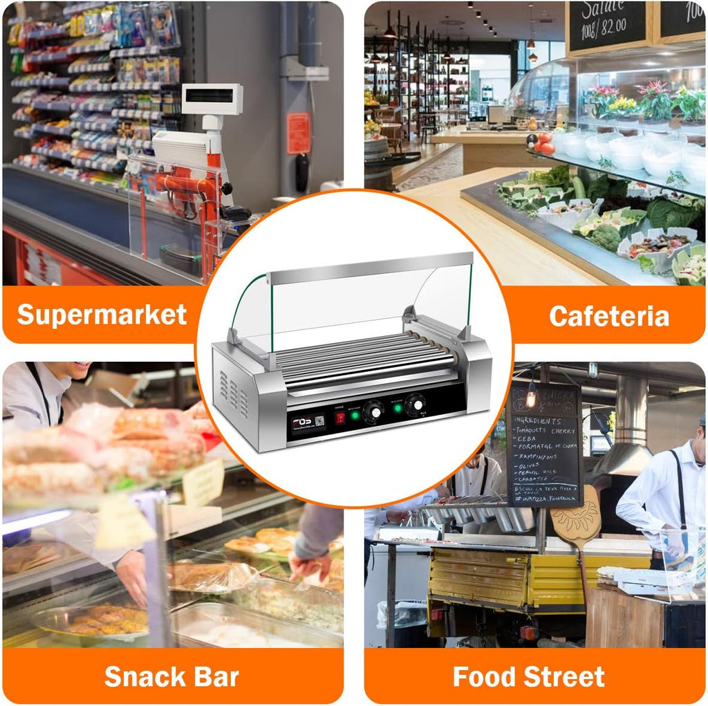 Safstar Commercial 18 Hot Dog 7 Non-Stick Roller Machine, Electric Hot Dog Sausage Grill Cooker Machine with Removable Stainless Steel Drip Tray & Glass Hood Cover, Countertop Hot Dog Roller Warmer