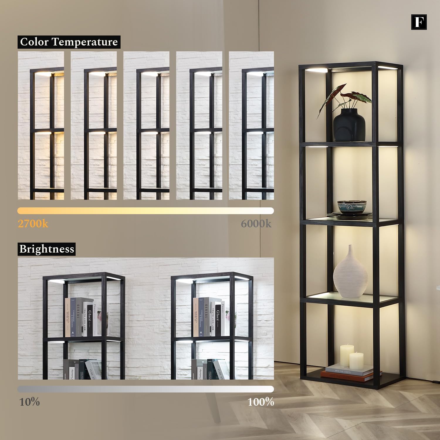 LED Display Shelf with Lights – Glass Display Cabinet for Collectibles with Dimmable Lighting, App & Remote Control – 66' Curio Shelf Floor Lamp with Adjustable Color Temps – FENLO Fantasy Plus Pro