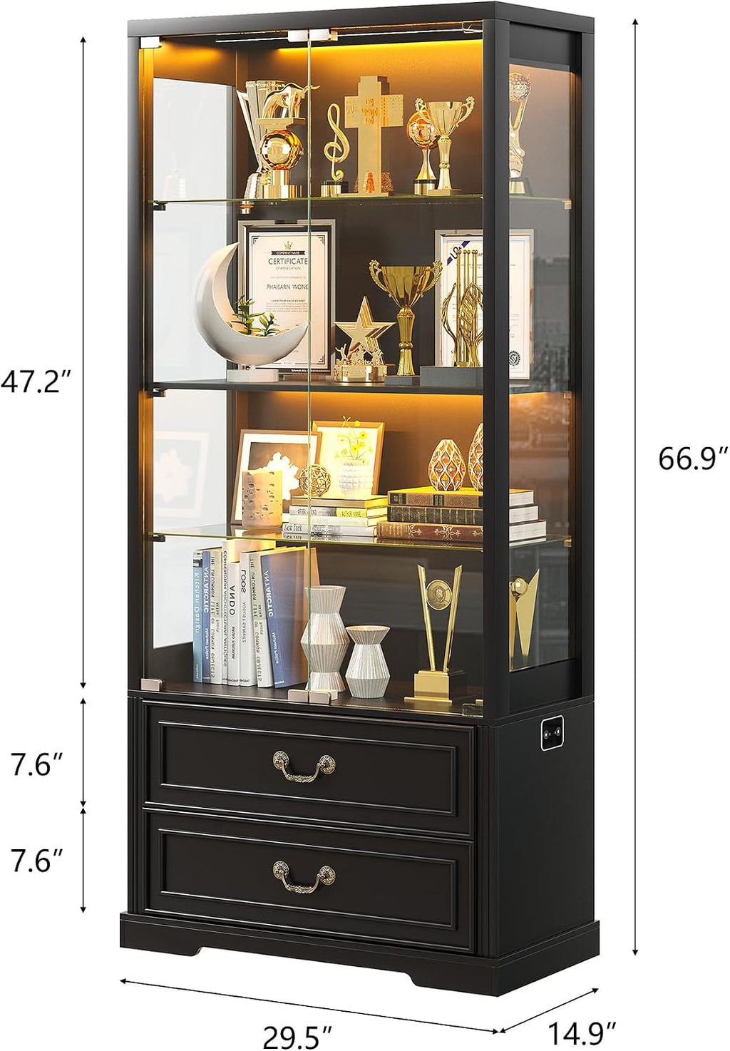 FREDEES Display Cabinet with Glass Doors,67' Adjustable Display Shelf with 2 Drawers and 4 Tier Curio Cabinet,Tall Bookcase with 3 Color Lights and Human Body Sensor for Toys,Books（Black）
