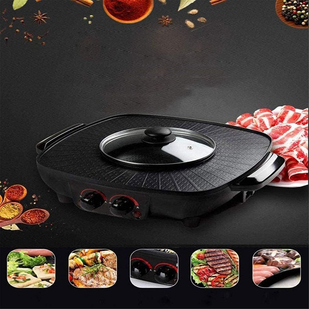 Electric BBQ Grill Indoor Electric Grill Square Black Dual Control Soup Roast Smoke Free Non-Stick Pan Electric Baking Pan Household Barbecue Dish Electric Hot Pot 1500W [Energy Class A],Port