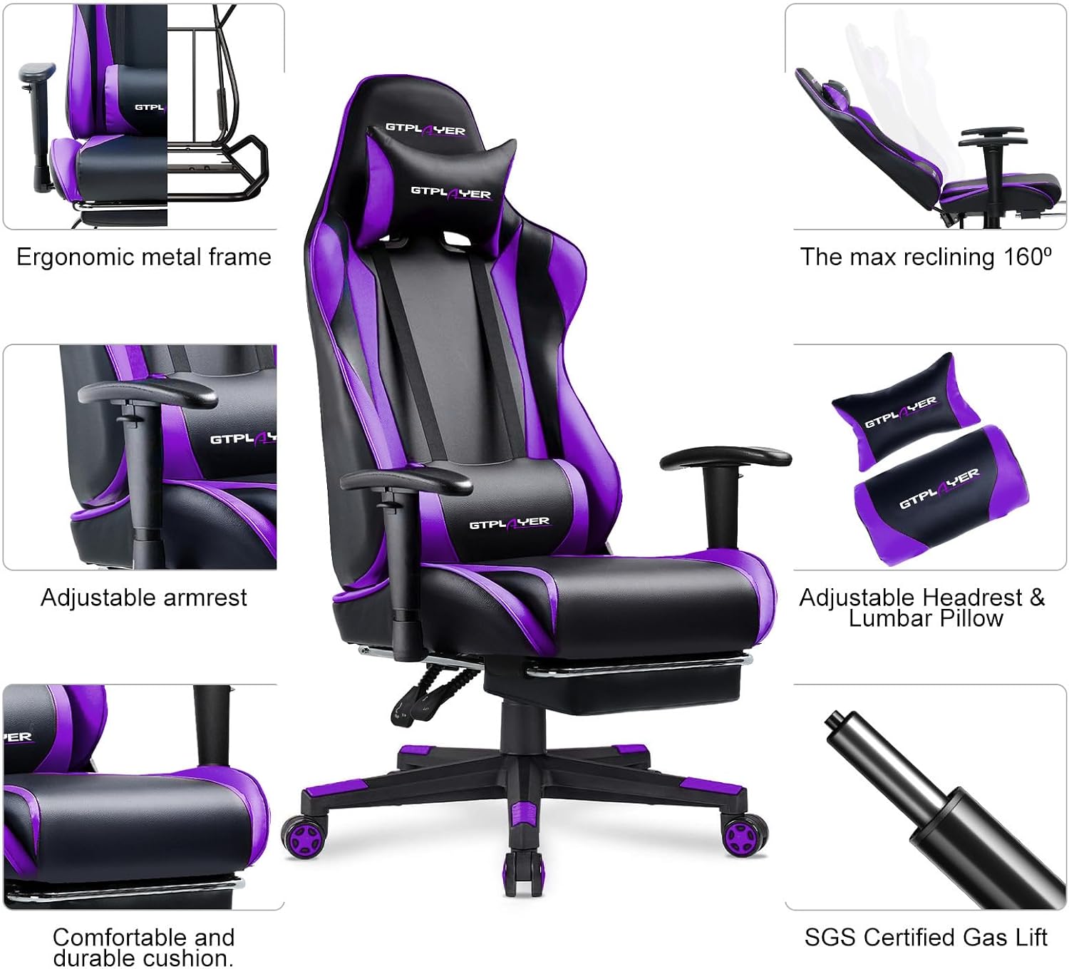 GTPLAYER Gaming Chair with Footrest, Ergonomic Computer Game Desk Chair, Reclining Gamer Chair Seat Height Adjustment, Swivel Rocker with Headrest and Lumbar, Purple
