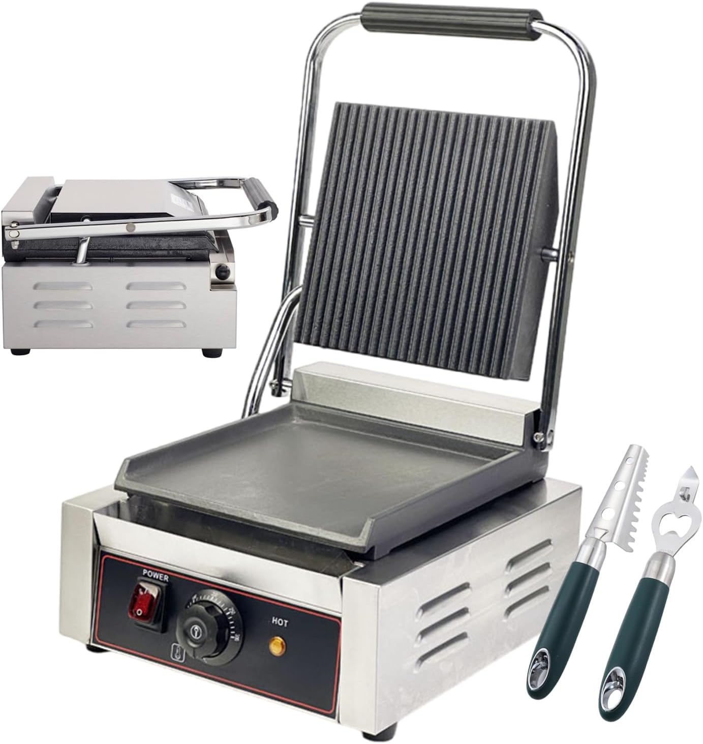 Electric Sandwich Maker 1800w Electric Contact Grill, Non-Stick Sandwich Toaster, Adjustable Temperature Control From 50-300°C, For Commercial Use (Grooved/Smooth),Smooth
