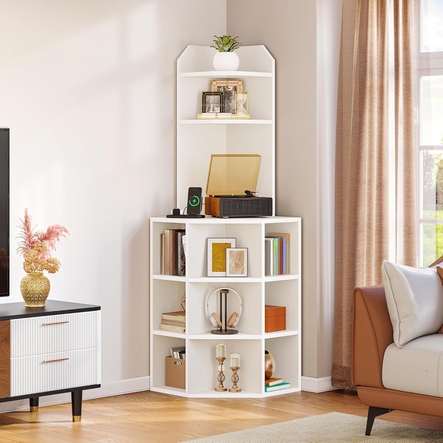 YITAHOME Corner Shelf with USB Ports & Outlets, Modern Corner Storage Cabinet Rack Charging Station, Wooden Display Bookshelf Bookcase for Living Room, Bedroom, Dining Room, Kitchen, White