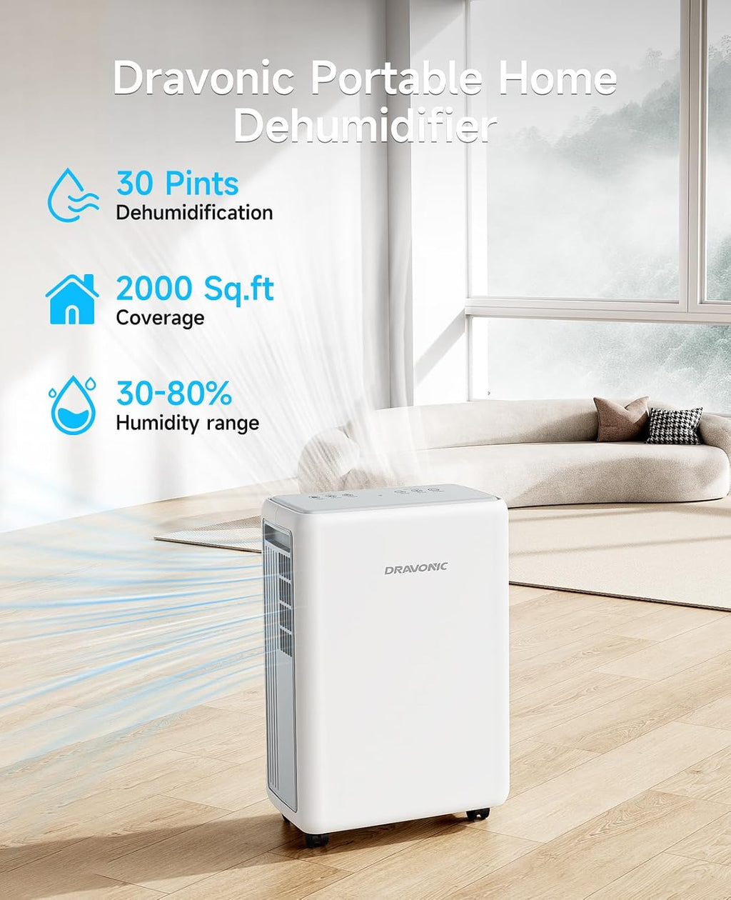 30 Pints Dehumidifier for Basement, 2000 Sq.Ft Dehumidifiers for Home with 3.3ft Continuous Drain Hose, 3 Modes Dehumidifier for Bathroom, Real-Time Humidity Display & Smart Control