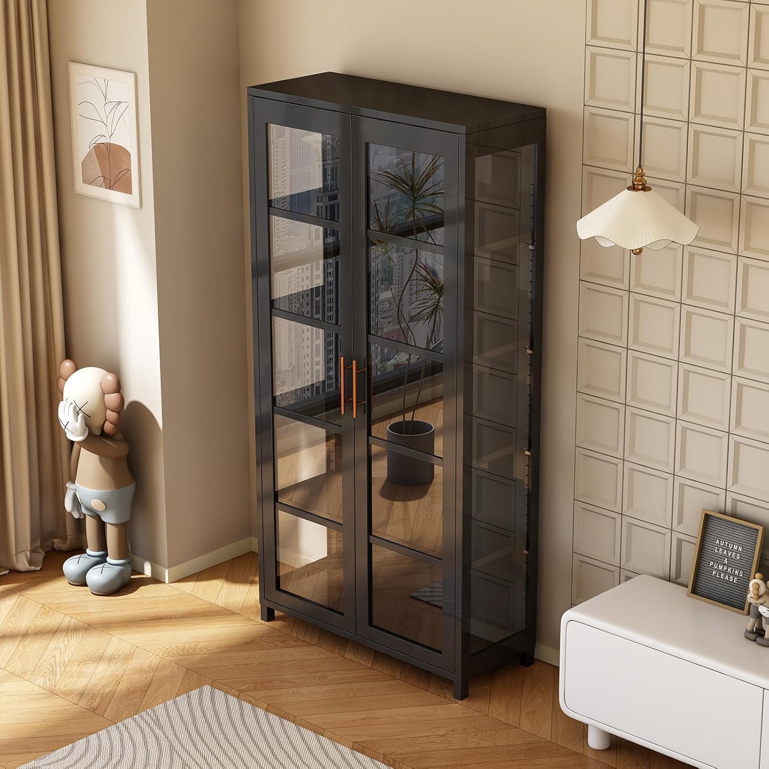 Display Cabinet with Acrylic Glass Door, 5 Tier Curio Display Case, Collectibles Toy Organizers Rack & Display Shelf, Kids Bookcase for Bedroom, Reading Nook, Toddler's Room, Bamboo