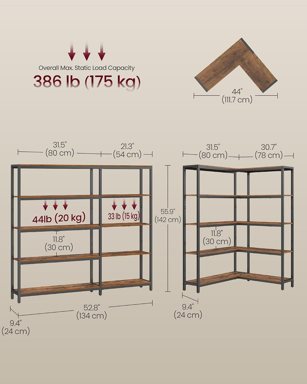 VASAGLE 5 Tier Bookshelf with Metal Frame, Convertible Industrial Corner Shelf, 9.4 x 52.8 x 55.9 Inches, for Living Room, Bedroom, Home Office, Rustic Brown and Ink Black ULLS815KD01