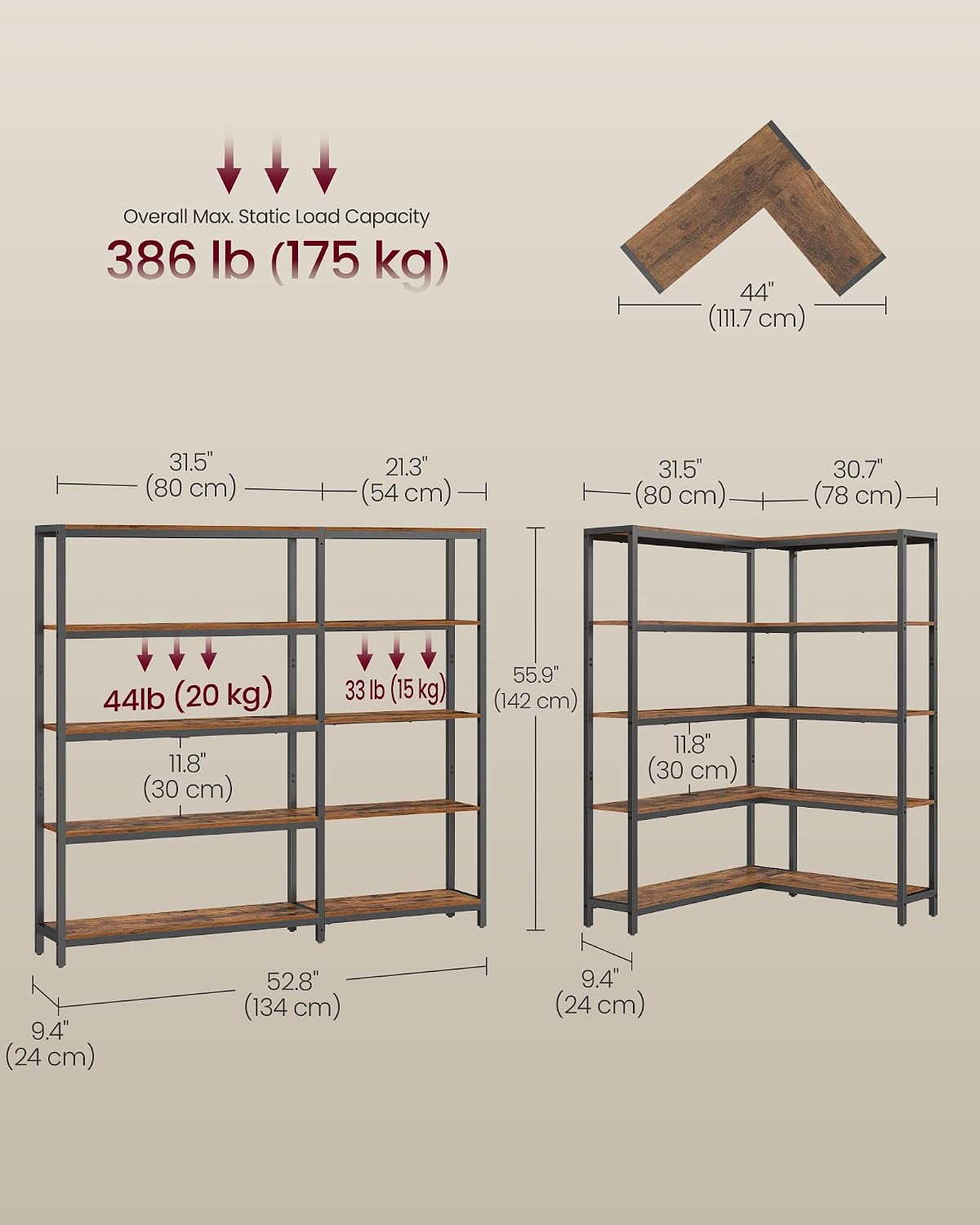 VASAGLE 5 Tier Bookshelf with Metal Frame, Convertible Industrial Corner Shelf, 9.4 x 52.8 x 55.9 Inches, for Living Room, Bedroom, Home Office, Rustic Brown and Ink Black ULLS815KD01