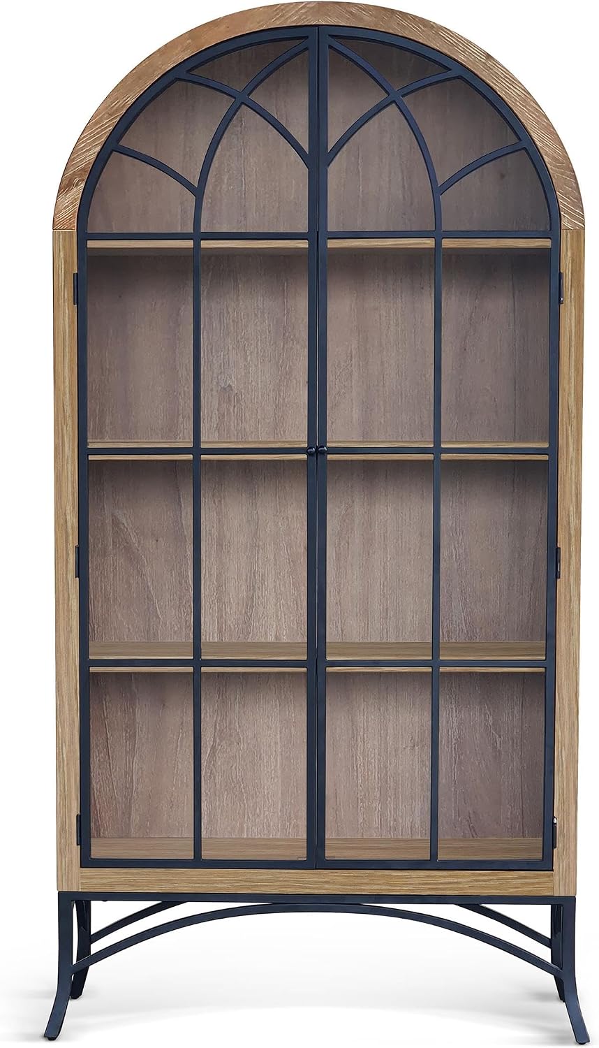 Sunny Designs Ella Arched Metal & Wood Display Cabinet with Glass Doors – Powder-Coated Steel Frame, Magnetic Latches, Adjustable Shelves, Windowpane Design, Living Room Storage (Oak Grove)